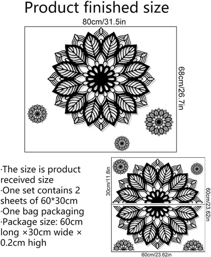 Vista 2 de Calcomanías de pared grandes con diseño de mandala negra, calcomanías de pared extraíbles para dormitorio, sala de estar, comedor, murales de pared