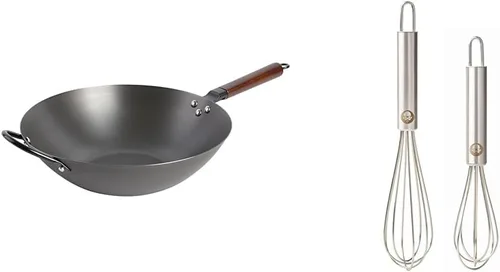 Vista 8 de Babish Wok de fondo plano de acero al carbono, sartén de 14 pulgadas y triple capa de acero inoxidable de grado profesional con tapa, 5 cuartos