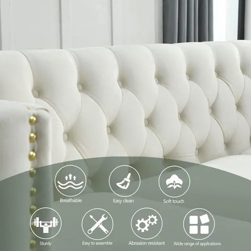 Vista 7 de Sofá moderno de terciopelo de 3 plazas, beige de 80 pulgadas con botones copetudos, con brazos cuadrados, para sala de estar, tapizado con botones