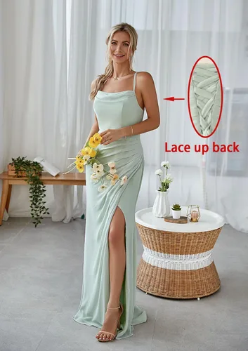 Vista 3 de Vestidos de dama de honor de tul para mujer con abertura, tirantes delgados, vestido de noche formal, plisado, acampanado, maxi vestido