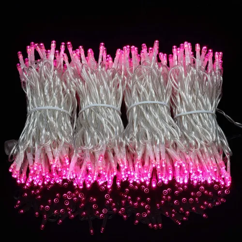 Vista 4 de YULETIME - Tira de 300 luces LED rosadas de color blanco cálido de 100 pies con adaptador de 8 modos, 4 pulgadas de espacio, cable transparente Rosa