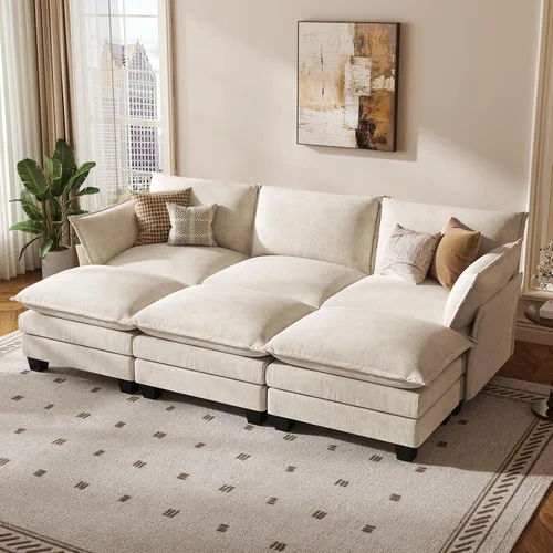 Vista 30 de KKL Sofá Cama Seccional Modular, Sofá Cama Convertible Seccional en Forma de L de 4 Plazas con Otomana, Sofá Nube de Chenilla Seccional para Sala