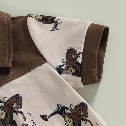 Vista 5 de Omkzanbi Ropa de bebé occidental con estampado de vaca, con botones, con solapa, polo, camisa, mameluco, retro, traje de verano