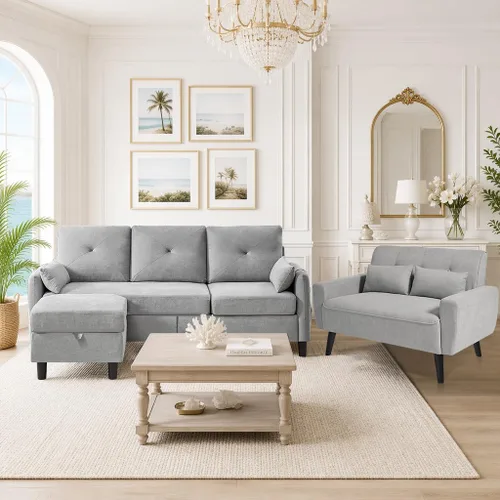 Vista 17 de Sofá en forma de L, sofás seccionales para sala de estar, sofá pequeño con Beige