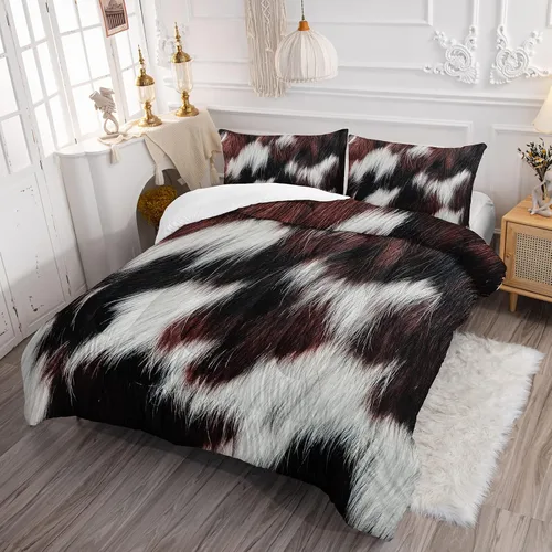 Vista 2 de Juego de edredón de piel de vaca marrón occidental, juego de ropa de cama con estampado de vaca marrón y blanco, edredón de plumón de animales