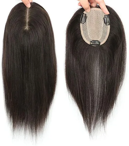 Vista 4 de Corona de cabello humano lacio con base de seda, clip invisible, para mujer, 8 pulgadas, color marrón oscuro