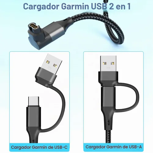 Vista 2 de Paquete de 2 cables de carga 2 en 1 para reloj Garmin de 3.3 pies, cable de carga USB con tipo C para Fenix 9 8 7 6 Pro, Forerunner 970 965 570 265