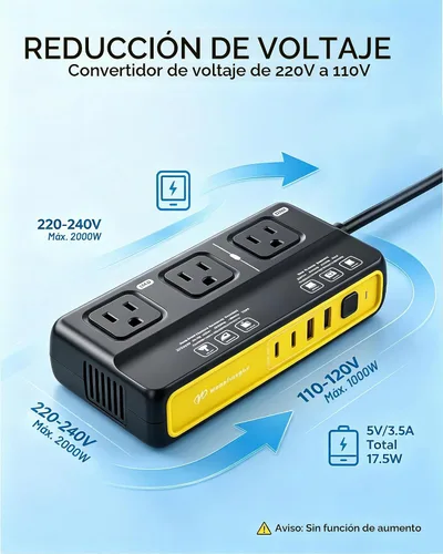 Vista 3 de Convertidor de corriente de 220 V a 110 V de la UE a EE. UU., Convertidor de voltaje de 2000 W para viajes por Europa, convertidor de corriente