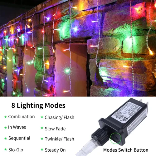 Vista 6 de Blingstar - Luces de carámbano, luces de Navidad multicolor, 32.8 pies, 300 bombillas LED, 60 tiras, tiras de luces enchufables con 8 modos