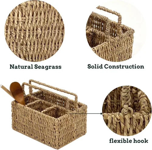 Vista 8 de PEMAR Organizador grande de utensilios tejido a mano de tamaño L, soporte de mimbre de yute natural para mesa, juego de cocina, organizador