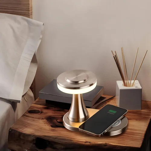 Vista 6 de O'Bright - Lámpara de mesa LED portátil con almohadilla de carga inalámbrica, lámpara de noche regulable y recargable, luz ambiental para plateado