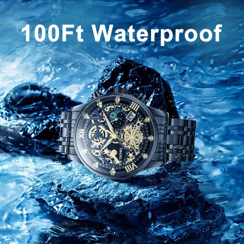 Vista 2 de Mens Watches, Upgraded Gear Design Mens Skeleton Watch, Chronograph Luxury Diamond Dress Business Analog Quartz Wrist Watches for Men, 100fts