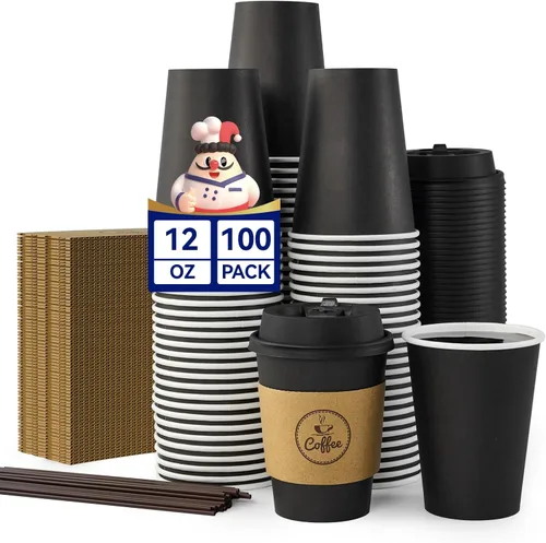 Vista 9 de JOLLY CHEF - Tazas de café de 10 onzas con tapas, mangas y agitadores, 100 Negro-10oz