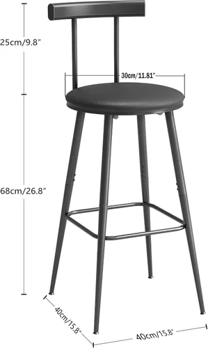 Vista 3 de Taburetes de bar, juego de 2 taburetes de cocina altos, sillas de bar con respaldo y reposapiés, taburetes industriales con asiento suave de PU