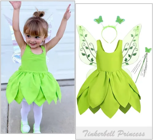 Vista 5 de Disfraz de princesa Tinkerbell para niñas, vestido de hadas del bosque con alas de Halloween, traje para bebé niña