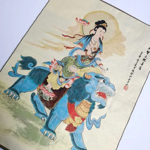 Vista 4 de Seda Embroidey Tibetano Thangka Budismo Bodhisattva Manjusri Tangka Thangka Mural Pintura Fengshui para colgar en la pared para decoración del hogar