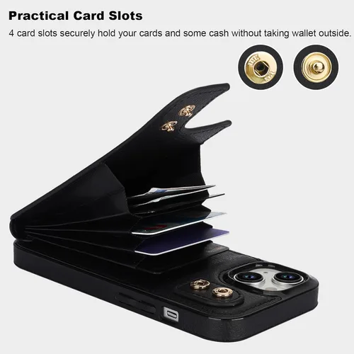 Vista 4 de Folosu Compatible con iPhone 15 Funda cartera con tarjetero con rotación de 360°, soporte de anillo de dedo con función atril, bloqueo RFID