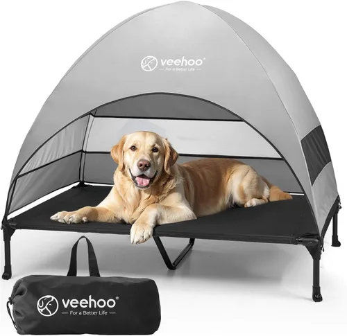 Vista 10 de Veehoo Cama para perros con dosel para exteriores, cuna elevada para mascotas con toldo extraíble y enfriamiento, pies antideslizantes, cuna elevada