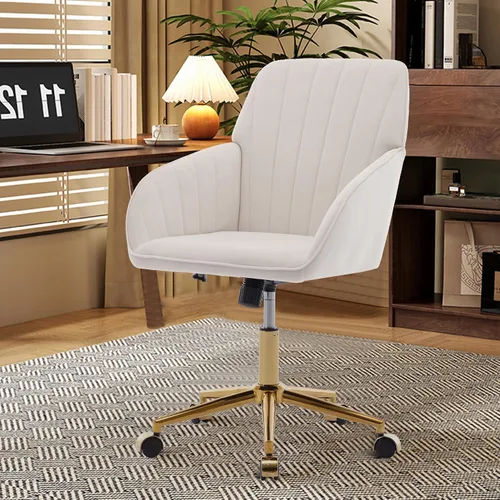 Vista 2 de Silla de escritorio de oficina de terciopelo con ruedas y base dorada, moderna silla giratoria ajustable, sillas de tocador tapizadas con brazos
