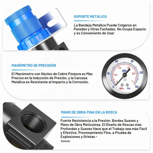 Vista 3 de TAILONZ PNEUMATIC Kit de Regulador de Presión Mini AR2000 de 5 en 1 de 1/4 Pulgada NPT para Sistemas de Aire Comprimido, Ajuste de 0 a 145 Psi Azul