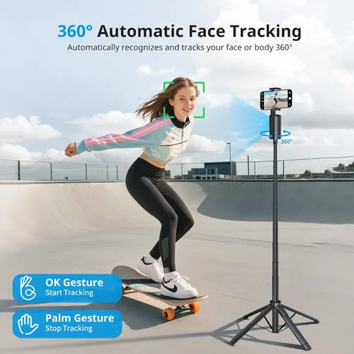 Vista 2 de Fuloview Trípode de seguimiento facial automático, trípode de teléfono de 67 pulgadas para iPhone, rotación de 360° que sigue tu movimiento, control