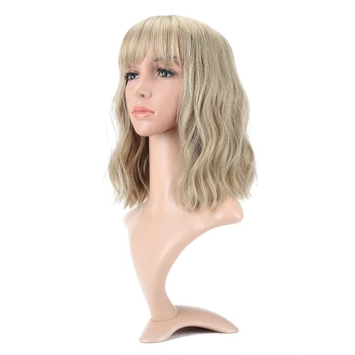 Vista 9 de VCKOVCKO - Peluca de cabello castaño claro rizada con flequillo de aire, onda natural rizada, peluca corta estilo Bob para mujer, longitud hasta