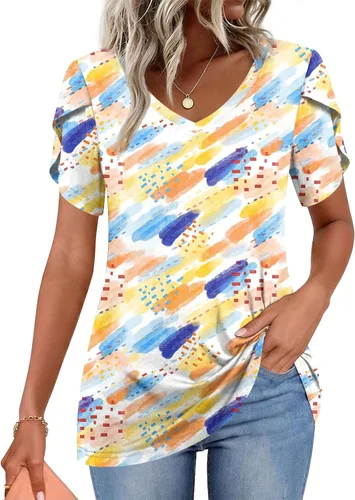 Vista 14 de CATHY 2025 - Blusas de verano para mujer, con mangas cortas, cuello en V, estilo túnica, tallas S-4XL Talla B