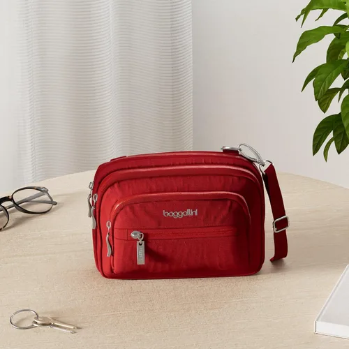 Vista 2 de Baggallini Bolsa cruzada pequeña con triple cremallera para mujer, 8 x 6 pulgadas, ligera, convertible