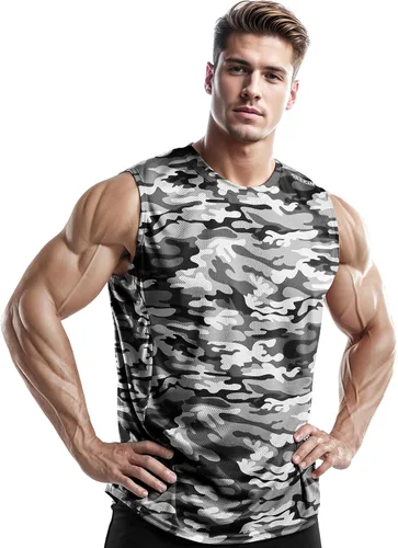 Vista 2 de DRSKIN Paquete de 4, 3 y 1 camisetas sin mangas para hombre, para entrenamiento, atlético, malla muscular, ajuste seco, gimnasio, entrenamiento