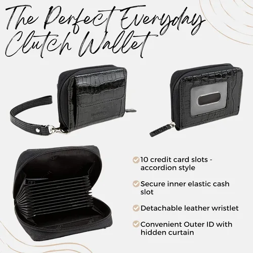 Vista 3 de WalletBe - Cartera de cuero para mujer, tarjeta de efectivo RFID de moneda, embrague de acordeón, identificación con cremallera Croco, Negro