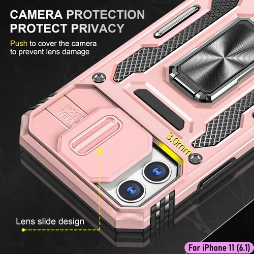 Vista 4 de Funda resistente para Apple iPhone 11, protección híbrida de goma de doble capa de grado militar con protector de cámara deslizante, soporte Oro Rosa