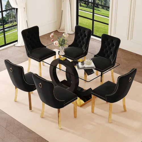 Vista 10 de Ebullient 63" Modern Glass Dining Table Set for 4, Black & Gold 5-Piece Set Glass Table & Beige Chairs