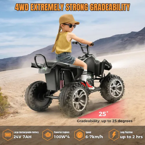 Vista 7 de Hikole ATV de 24 V y 4 ruedas para niños de 6-8-10-14 años para montar al Negro