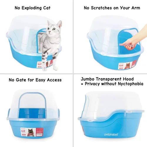 Vista 6 de Petphabet Caja de Arena para Gatos con Capucha Jumbo, Extra Grande, Azul Claro