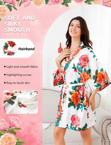 Vista 3 de EPLAZA Bata de satén sedoso floral para mujer, para boda, fiesta, novia, dama de honor, kimono, ropa de descanso, vestidos de vestir