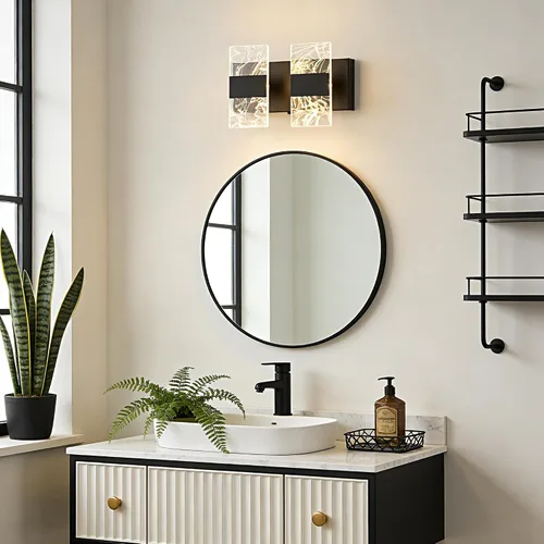 Vista 8 de Moderna lámpara LED de baño, regulable, 2 luces, color negro, 5CCT, ajustable, luces de tocador sobre el espejo, luces LED de acrílico ahumado