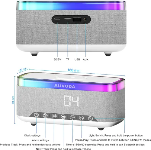 Vista 8 de Altavoz Bluetooth S300, altavoz portátil inalámbrico con carga inalámbrica de 15 W, luz nocturna de 13 colores, alarma, estéreo de 16 W, TWS, BT5.3
