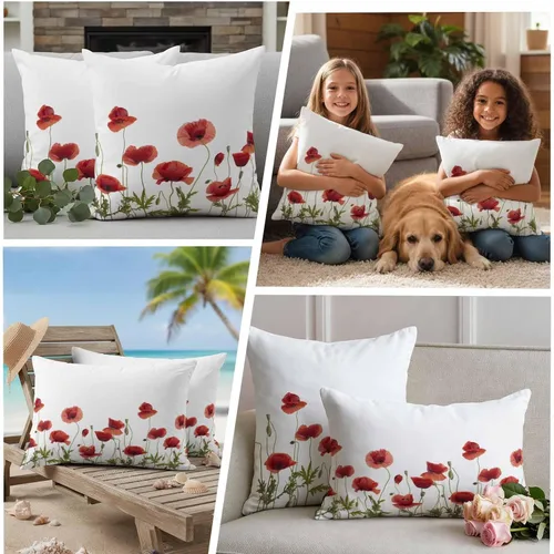 Vista 5 de Fundas de cojín impermeables con diseño de amapola roja en acuarela para exteriores, diseño de flores de jardín, paquete de 2 fundas de almohada