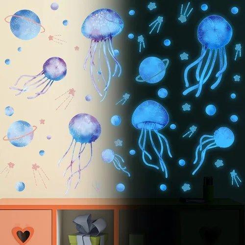Vista 2 de 4 hojas de calcomanías de pared de medusas de cielo estrellado que brillan en la oscuridad, calcomanías de pared luminosas azul planeta, calcomanías