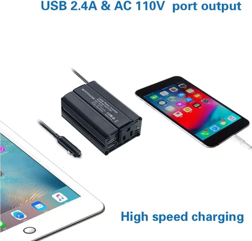 Vista 7 de Inversor de corriente de 150 W 12 V CC a 110 V AC adaptador de enchufe de coche convertidor de salida con cargador de coche de CA dual USB 2.4A