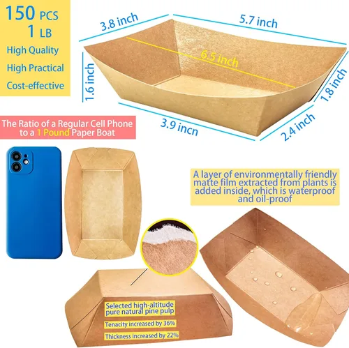 Vista 2 de Paquete de 150 Bandejas para Servir Alimentos de 1 Libra, Bandejas Pequeñas de Papel Kraft a Prueba de Aceite, Desechables, Reciclables