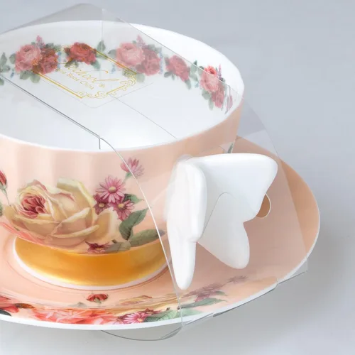 Vista 3 de Gracie Bone China Peach Butterfly Rose - Taza de té y platillo de 7 onzas con asas de mariposa hechas a mano (juego de 2)