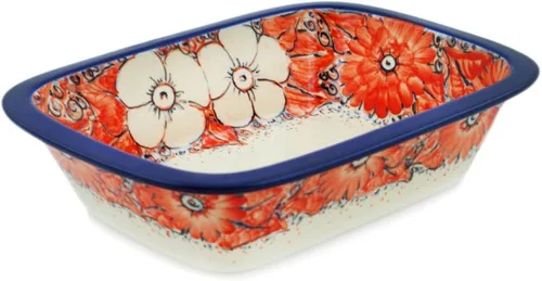 Vista 13 de Auténtica cerámica polaca rectangular Baker Signature UNIKAT en camachuelo en serbal diseño hecho a mano en Bolesławiec Polonia por Ceramika