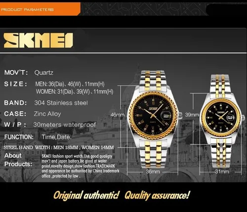 Vista 6 de SKMEI Watches for Couples Men and Women His and Hers Pair Watch Set Husband Wife Valentines Matching Wedding Gifts Classic Stainless Luxry Business
