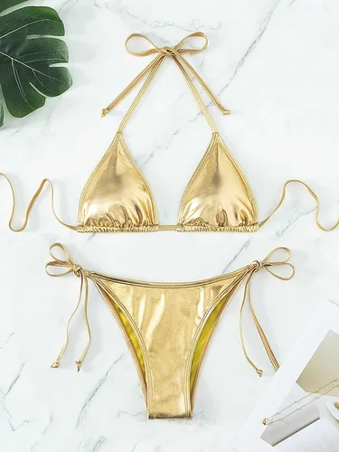 Vista 4 de GORGLITTER Traje de baño de 2 piezas con parte superior de bikini triangular metálico para mujer