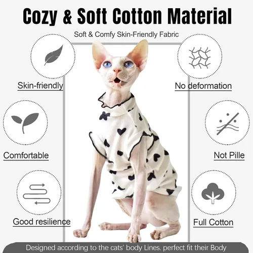 Vista 8 de DENTRUN Camisa suave de gato Sphynx, ropa transpirable con patrón de corazón para gatos