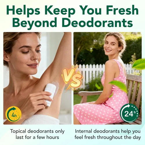 Vista 4 de Suplemento desodorizante corporal, desodorante interno natural para axilas, áreas íntimas y aliento oral, cápsulas de clorofila para mujeres