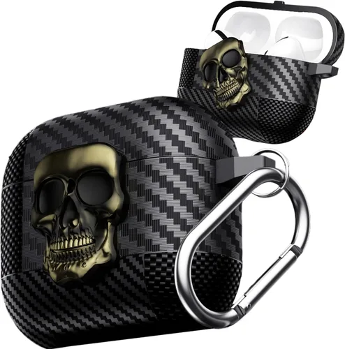 Vista 17 de Funda para AirPods Pro de 2ª generación, calavera con cerradura y llavero para hombres, divertida fibra de carbono de cuerpo completo, a prueba