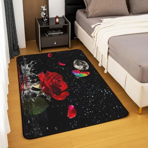 Vista 4 de Feelyou Alfombra de área con diseño de rosas de 3 x 5 para niños, con flores de Buterfly y luna, alfombra decorativa para dormitorio, niños, niñas