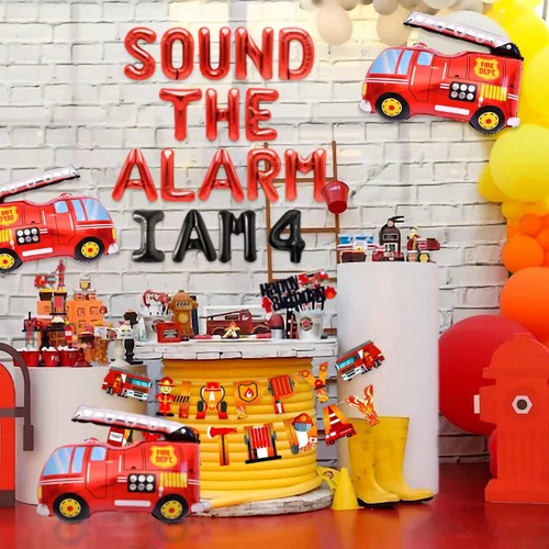 Vista 4 de LaVenty Sound The Alarm I Am 4 Globos de bomberos para decoración de cumpleaños de 4º cumpleaños